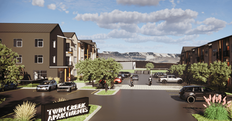 A rendering of a Twin Creek Apartments complex with cars parked in the driveway.