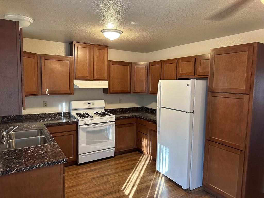 Kitchen showing gas stove, refrigerator, and cabnets