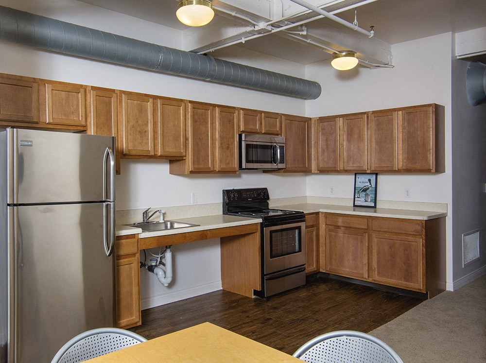 Spacious kitchen with appliances at the Lofts at 5 Lyon, in downtown Grand Rapids, MI