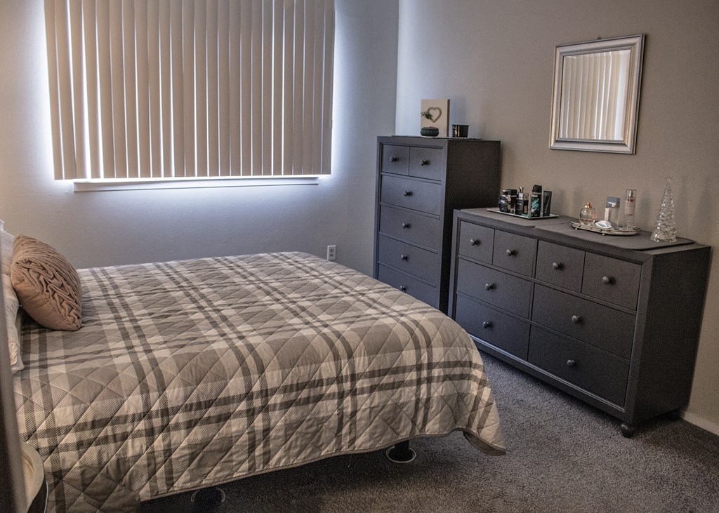 a bedroom with a bed and dresser and a window