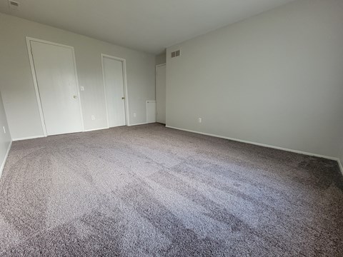 an empty living room with carpet and white doors