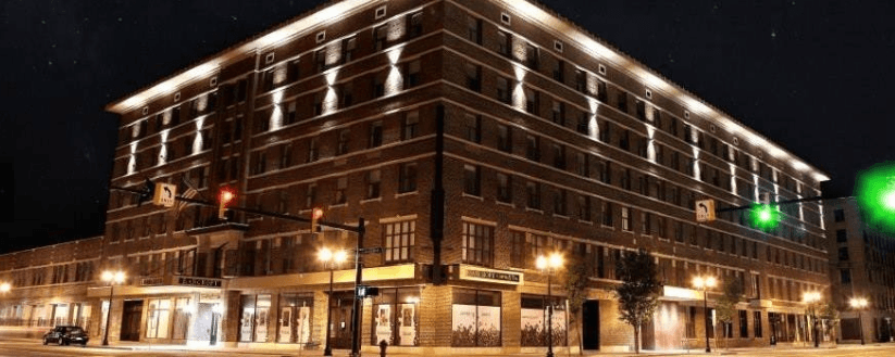 Bancroft Building, night time, lights