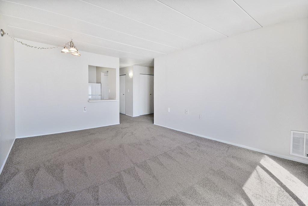 A large empty room with a carpeted floor and a small mirror on the wall.