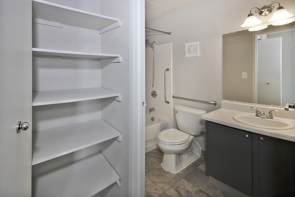 A white pantry is open to a bathroom with a toilet, sink, and mirror.