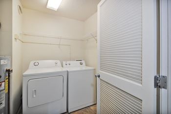 A small laundry room with a washer and dryer.