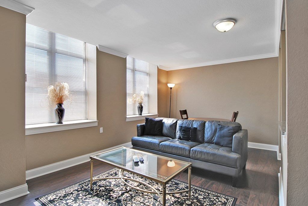 Spacious living room with natural light. Hardwood floors and luxury feel. One Bedroom Apartments in Saginaw, MI