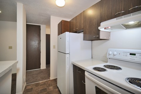 A white fridge and stove in a kitchen with brown cabinets.