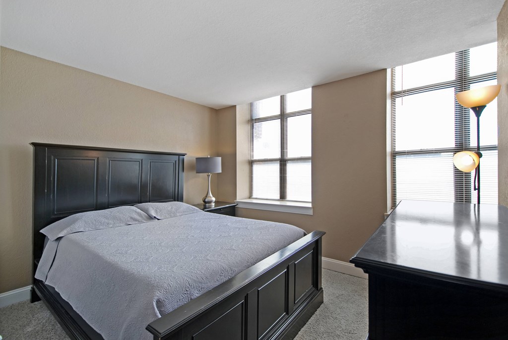 Spacious bedroom with natural light, walk-in closets, carpeting. Cozy one bedroom apartments in Saginaw.