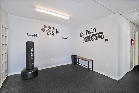 Apartments near WMU with a fitness center. Punching bag. Hunters Ridge Apartments in Kalamazoo, MI has a fitness center