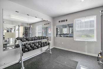 A gym with a mirror, dumbbells, and a treadmill.
