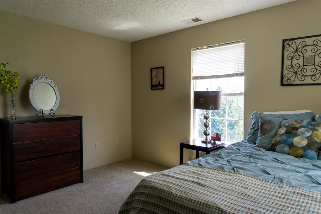 a bedroom with a bed and dresser
