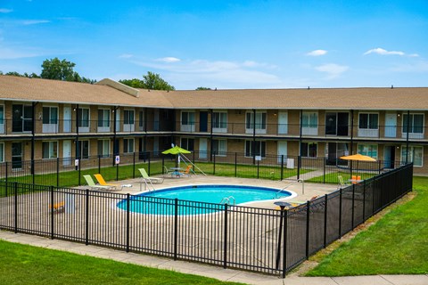our apartments have a large pool and a fenced in yard