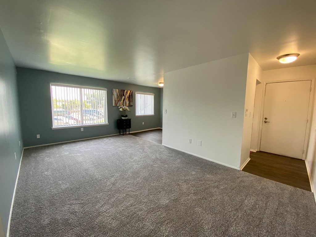 Open space living, Living room, dining room, and entry foyer, at Gale Gardens Apartments