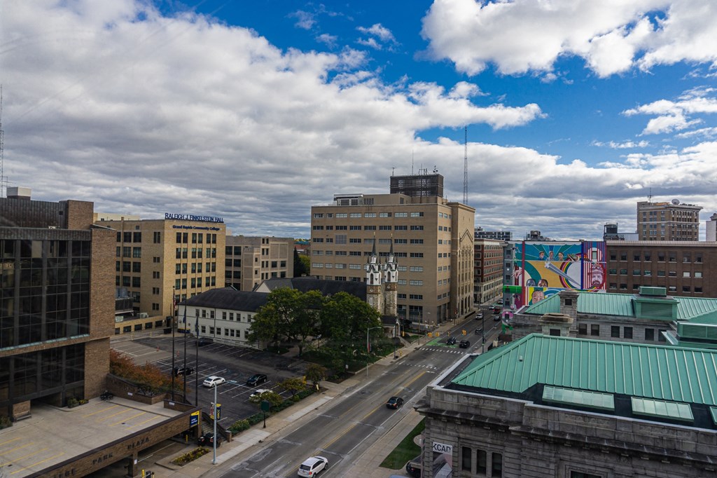 a view of the city from a bedroom in the Lofts at 5 Lyon in Grand Rapids, MI