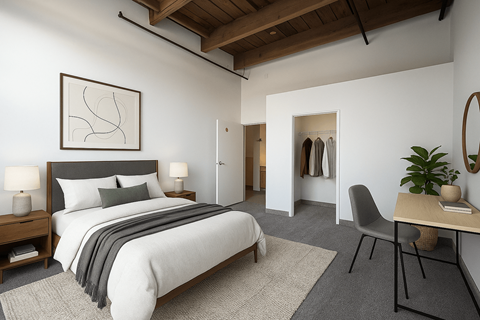 A bedroom with a large bed and a chair.