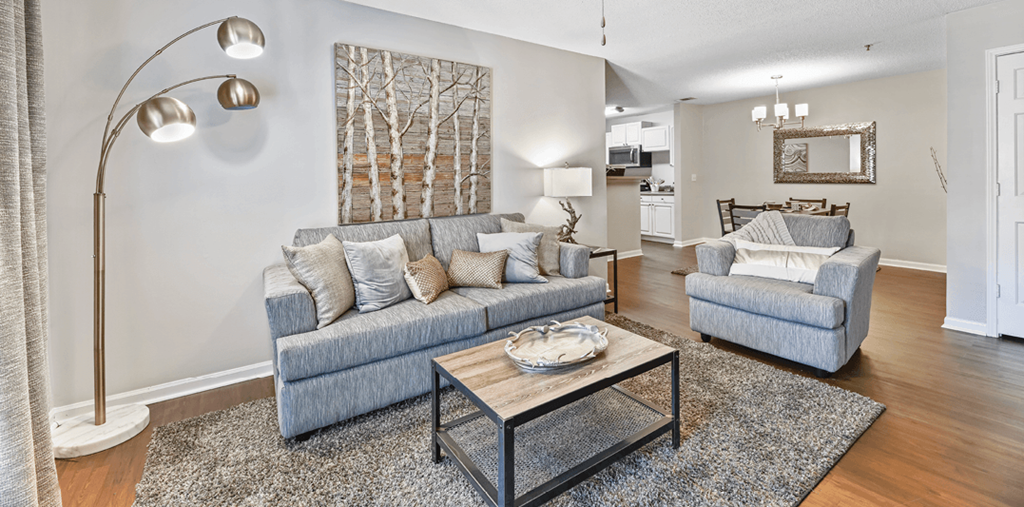 a living room with two couches and a coffee table