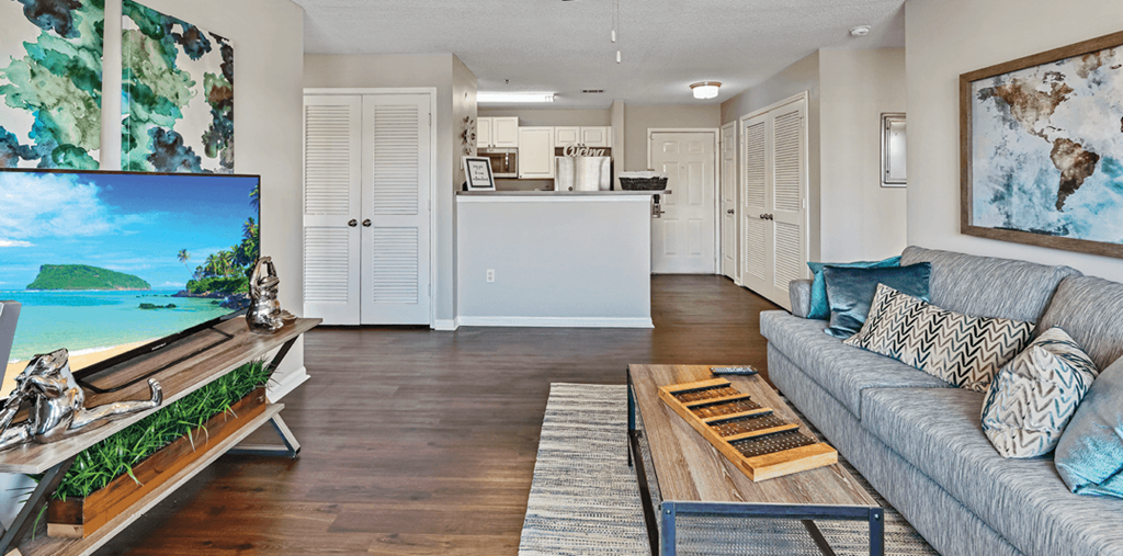 a living room with a couch and a television