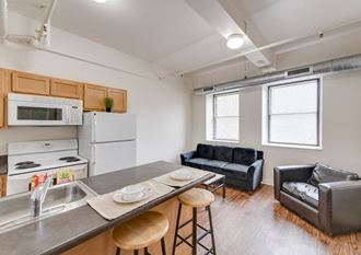 a kitchen and living room in The Lofts at 5 Lyon, in downtown Grand Rapids, MI - Photo Gallery