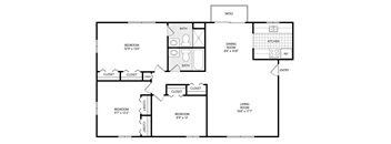 A floor plan of a house with a living room, dining room, kitchen, two bedrooms, two bathrooms, and a patio.