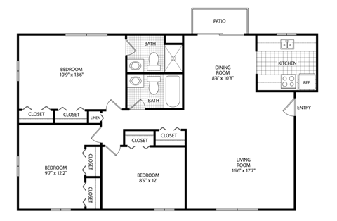 A floor plan of a house with a living room, dining room, kitchen, two bedrooms, two bathrooms, and a patio.
