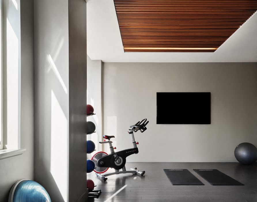 A modern home gym with a stationary bike, exercise balls, and mats.