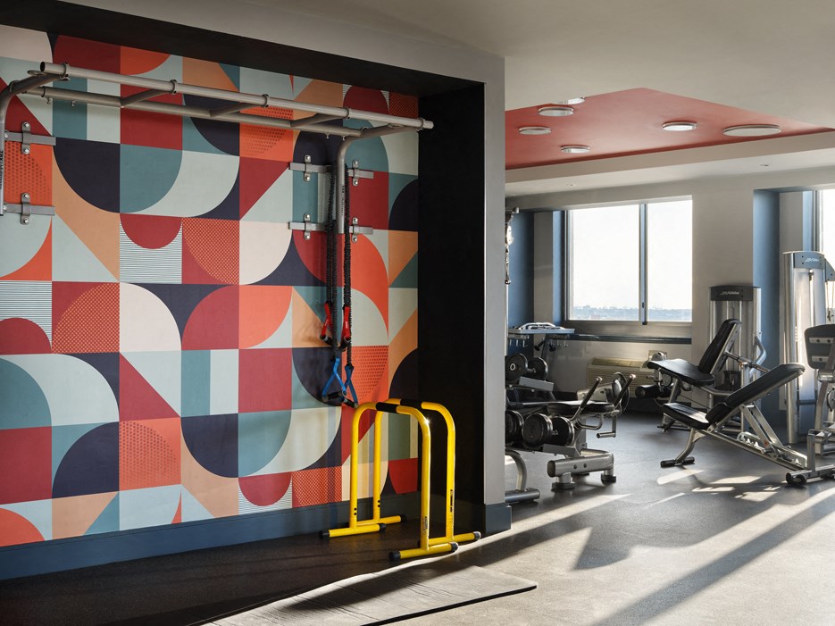 A gym with a wall of exercise equipment and a large window.
