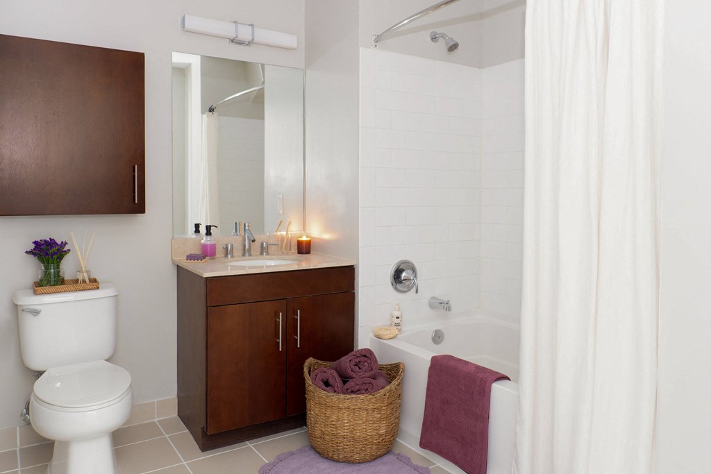 A bathroom with a toilet, sink, and shower.