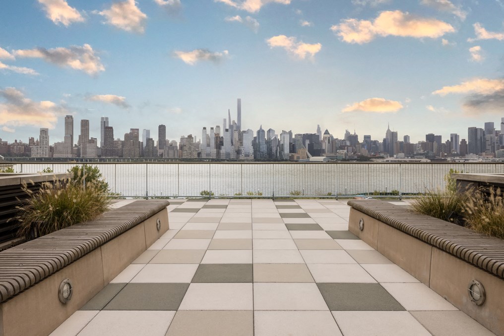 a view of the city skyline from a park bench