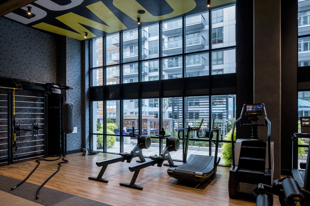 a gym with a large window and weights machines and other equipment