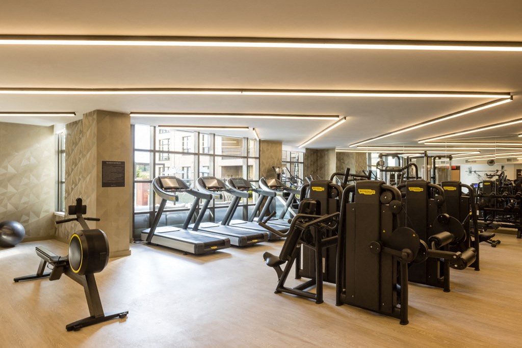 a gym with cardio machines and weights on the floor