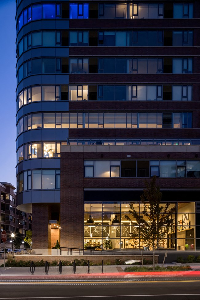 front view of the office building at night