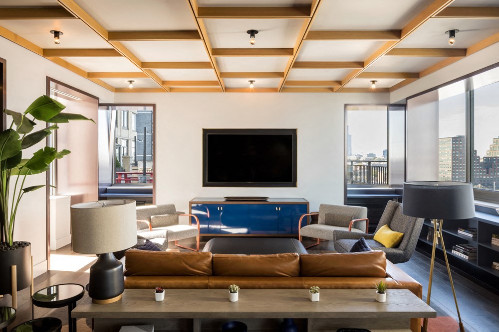 A living room with a brown sofa and a television.