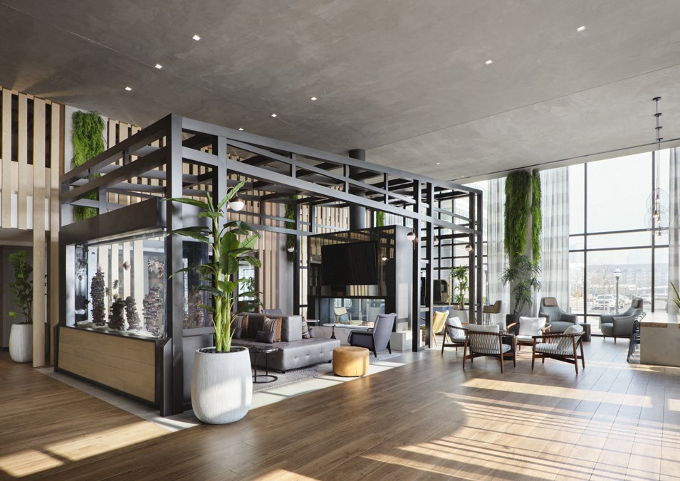 a large living room with glass walls and a large potted plant