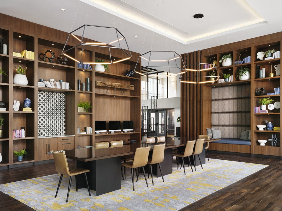 a rendering of a dining room with a table and chairs