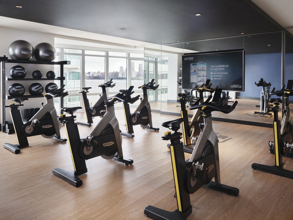 a row of exercise bikes in a gym with a wall of windows