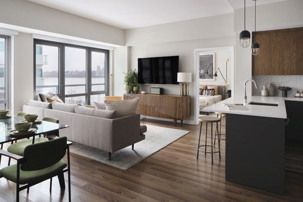 a living room and kitchen in an apartment