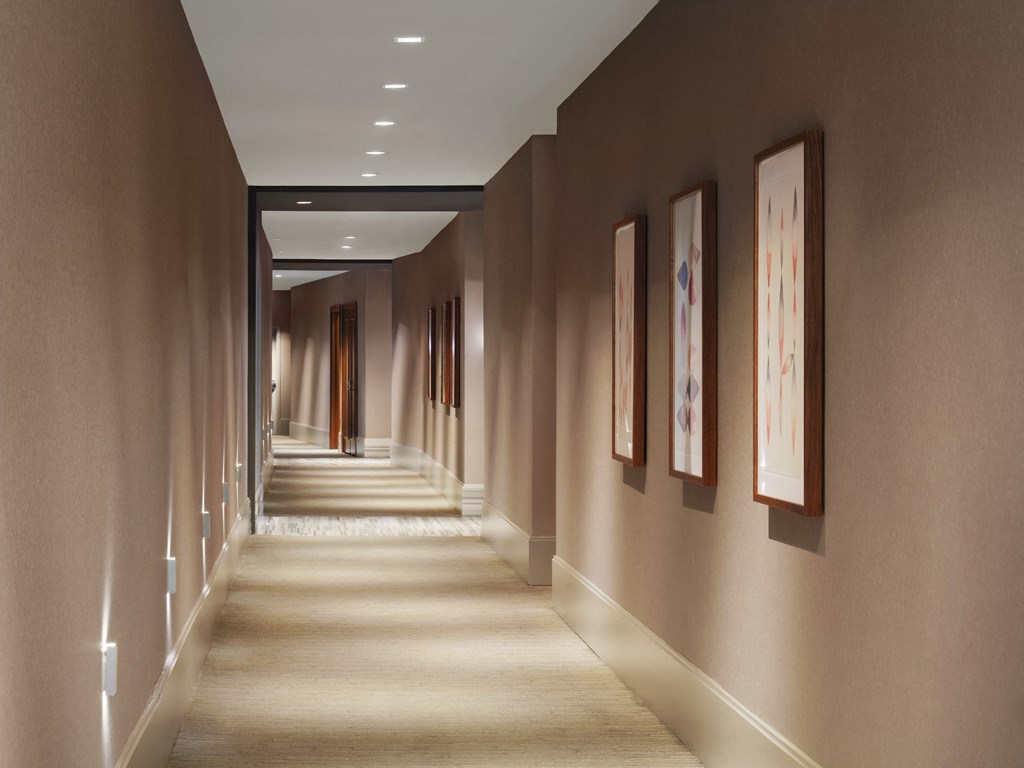 a long hallway with paintings on the wall and a carpeted floor