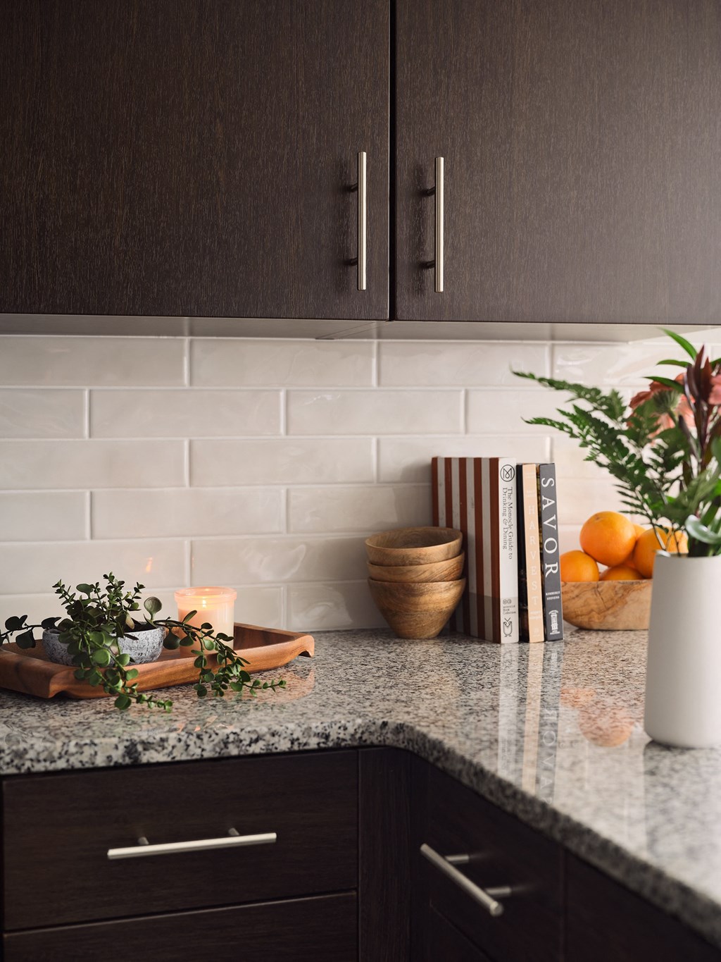 a kitchen counter with a book and a plant on it