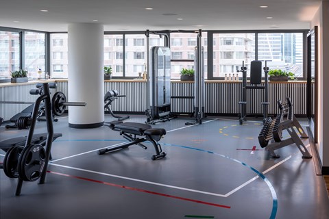 A gym with a variety of equipment including weights and a bench.