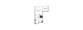 A black and white image of a floor plan for a small apartment.