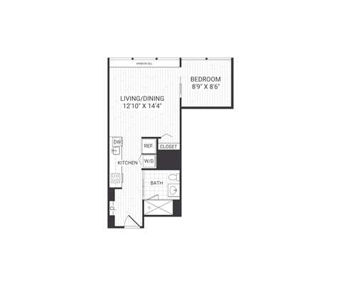 A black and white image of a floor plan for a small apartment.