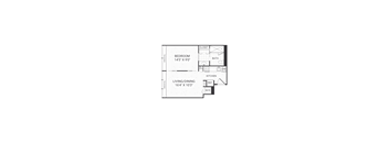 A floor plan of a small apartment with a bedroom, living/dining area, and kitchen.