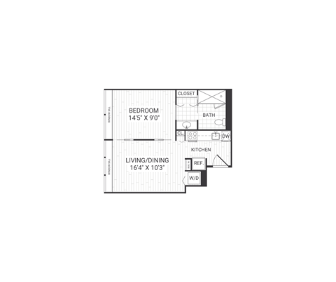 A floor plan of a small apartment with a bedroom, living/dining area, and kitchen.
