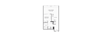 A floor plan of a small apartment with a living room, dining room, kitchen, bathroom, and two closets.
