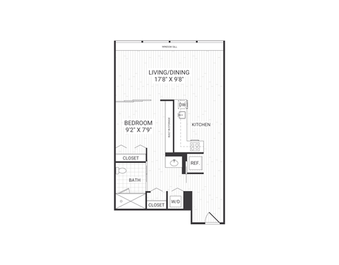 A floor plan of a small apartment with a living room, dining room, kitchen, bathroom, and two closets.