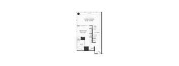 A drawing of a floor plan of a room with a bedroom, living/dining area, and bathroom.