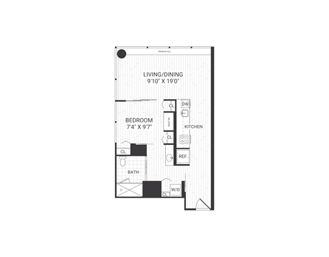 A drawing of a floor plan of a room with a bedroom, living/dining area, and bathroom.