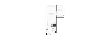 A floor plan of a small apartment with a living/dining area, kitchen, bathroom, and bedroom.