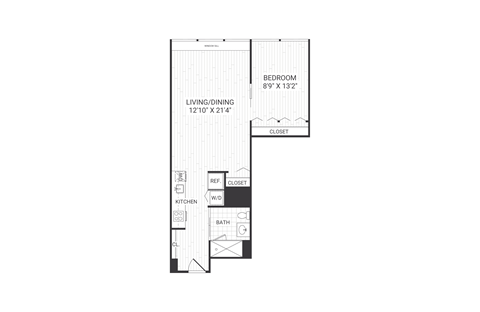 A floor plan of a small apartment with a living/dining area, kitchen, bathroom, and bedroom.