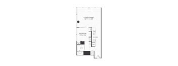 A floor plan of a small apartment with a living room, bedroom, kitchen, and bathroom.